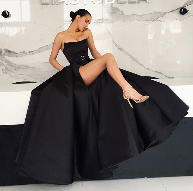 Black Satin Backless Simple A-Line Slit Cheap Long Prom Dresses, FC2121