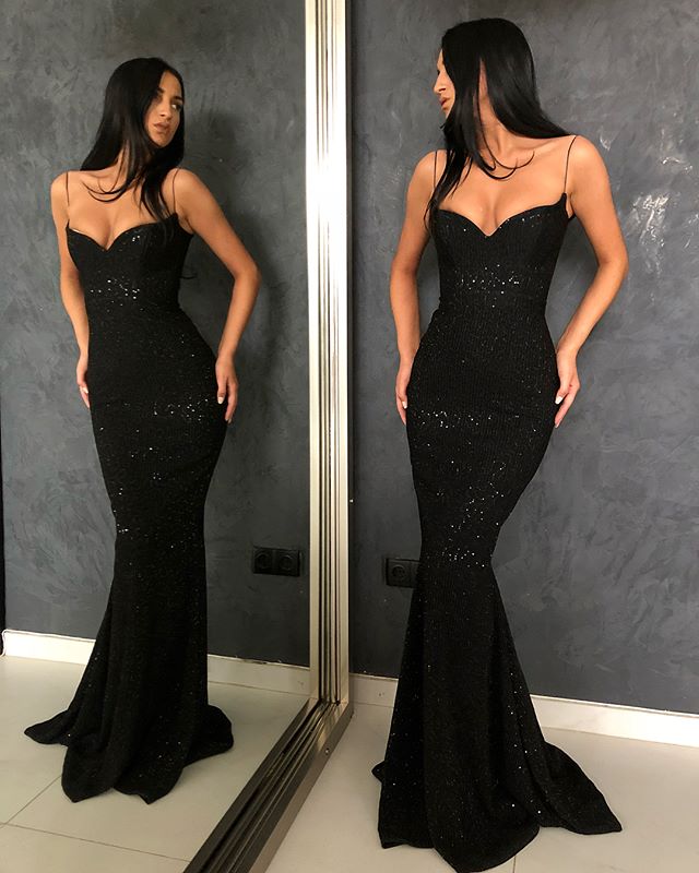 Sparkly Black Sequin Spaghetti Straps Mermaid Backless Prom Dresses, FC2123