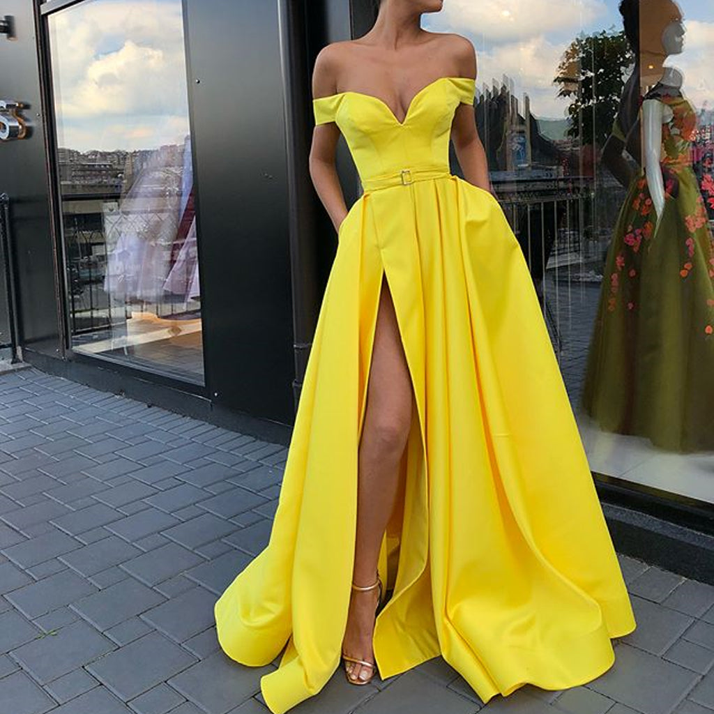 Off Shoulder Yellow A-line Satin Slit Charming Prom Dresses, FC2130