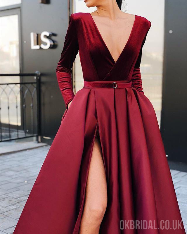 Burgundy Long Sleeve Velvet A-line Satin Slit Prom Dresses, FC2232