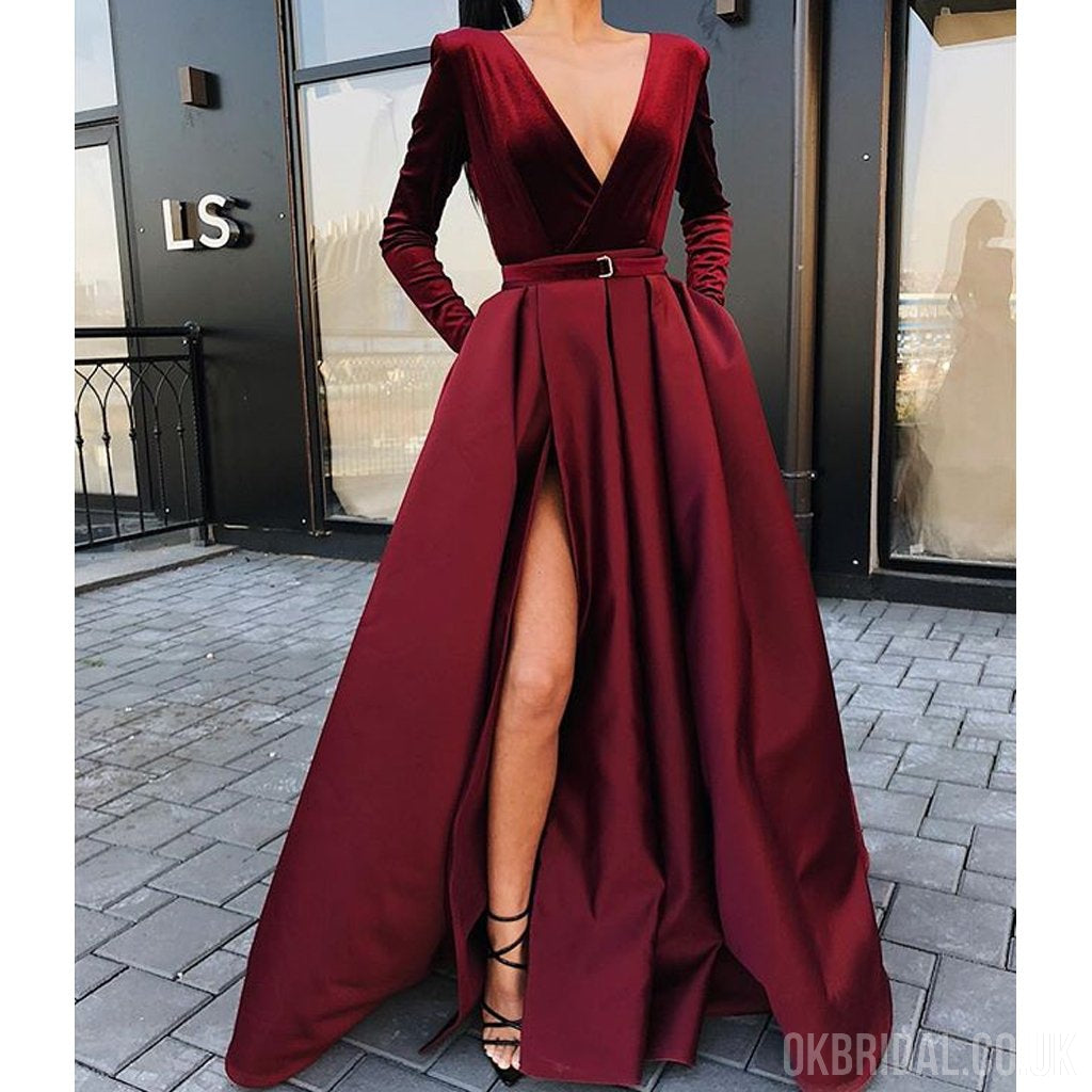 Burgundy Long Sleeve Velvet A-line Satin Slit Prom Dresses, FC2232