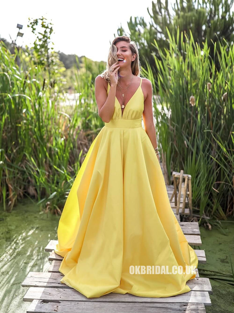 Yellow Spaghetti Straps A-line Deep V-neck Backless Satin Long Prom Dresses, FC2299