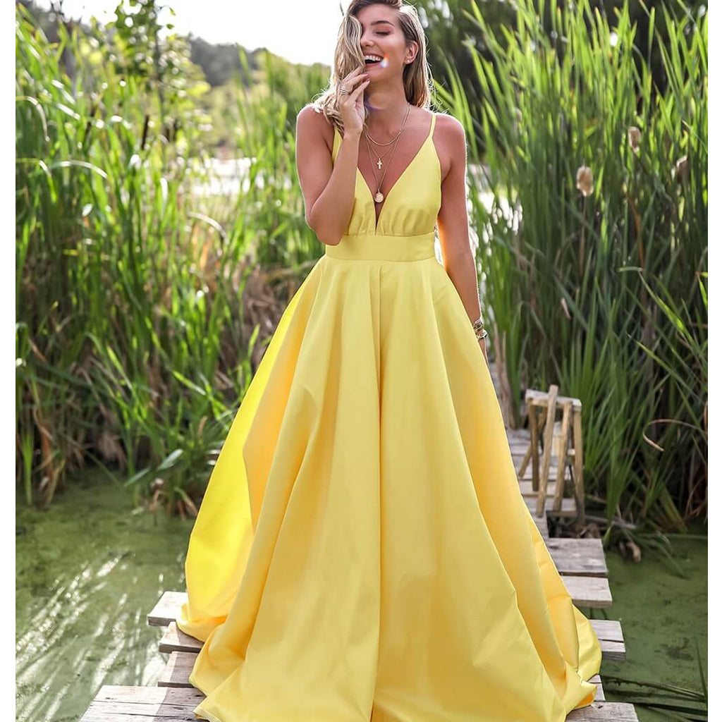 Yellow Spaghetti Straps A-line Deep V-neck Backless Satin Long Prom Dresses, FC2299