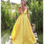 Yellow Spaghetti Straps A-line Deep V-neck Backless Satin Long Prom Dresses, FC2299