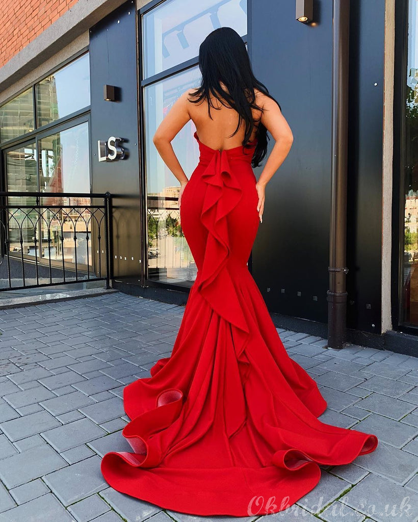 Red Mermaid Halter Sexy Backless Jersey Long Prom Dress, FC3757