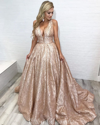 Sparkly Sequin A-line Deep V-neck Sleeveless Elegant Prom Dress, FC3978