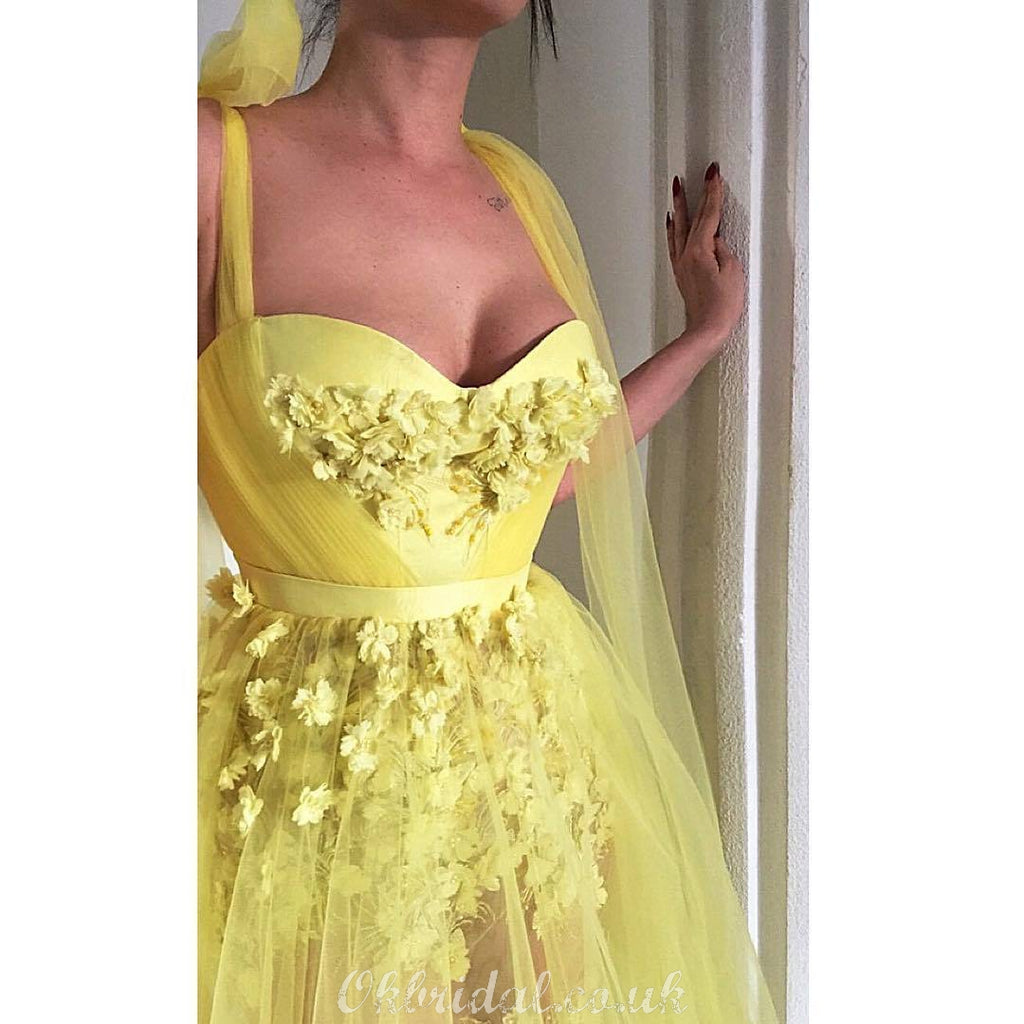 Yellow A-line Tulle Sweetheart Lace Applique Prom Dress, FC4155