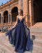 Navy A-line Sparkly Deep V-neck Backless Tulle Charming Prom Dress, FC2550