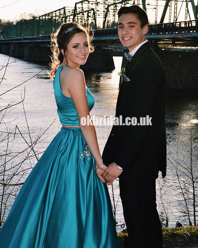 Two Pieces A-Line Satin Prom Dresses, OPen-Back Sleeveless Prom Dresses, KX1004