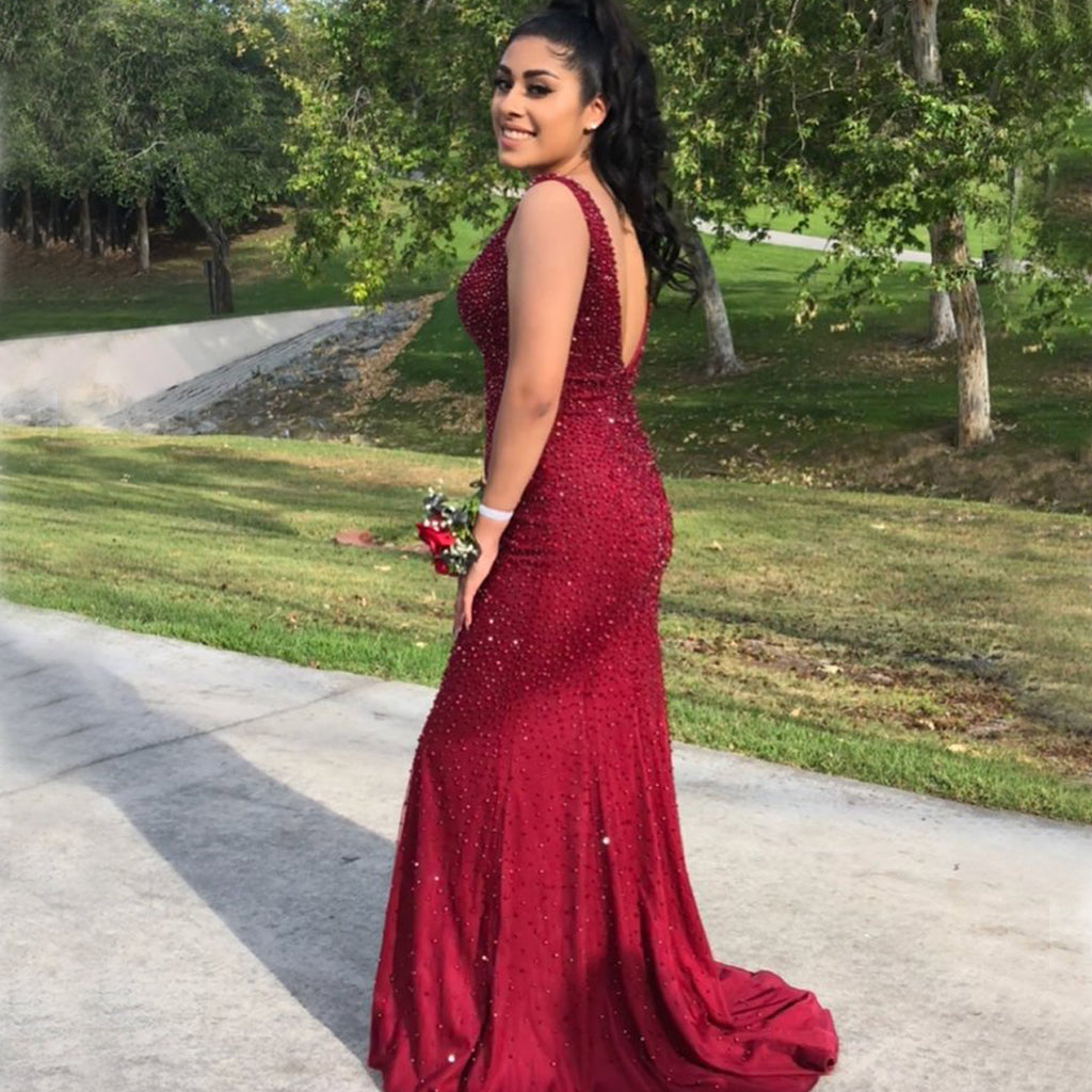 Sexy V-Neck Sleeveless Mermaid Red Beaded Backless Prom Dresses, KX1058