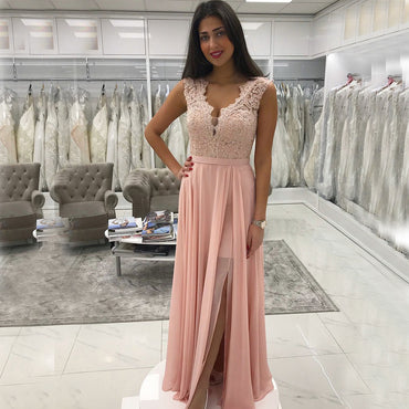 Lace Top Backless Pink Prom Dresses, Chiffon Sleeveless A-Line Prom Dresses, KX1069