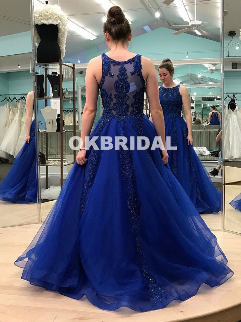 Charming Royal Biue A-Line Prom Dress, Luxury Beaded Sparkly Sleeveless Organza Prom Dress, KX1071