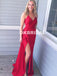 Red Backless Sexy V-Neck Sheath Prom Dress, Spaghetti Straps Elastic Satin Prom Dress, KX1076