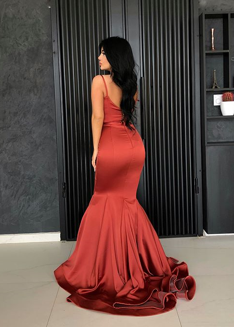 Spaghetti Straps Backless Satin Mermaid Sleeveless Long Prom Dresses, FC1430