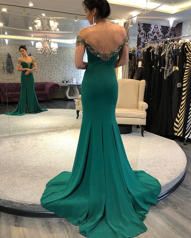 Off Shoulder Mermaid Jersey Slit Beaded Backless Prom Dress, FC1431