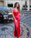 Charming Mermaid Soft Satin V-Neck Prom Dresses, Red Slit Backless Spaghetti Straps Prom Dresses, KX1449