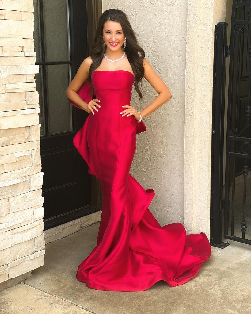 Stunning Straight Neck Mermaid Red Satin Long Prom Dresses, FC5949