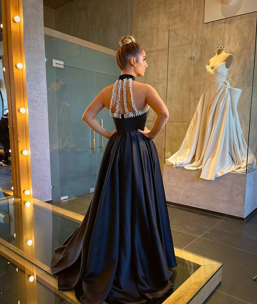 Black Elagant A-line Satin Sleeveless Open-Back Lace Prom Dresses, FC6256