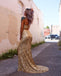 Gold Two-Pieces Sequin Spaghetti Straps V-neck Backless Prom Dresses, FC6492