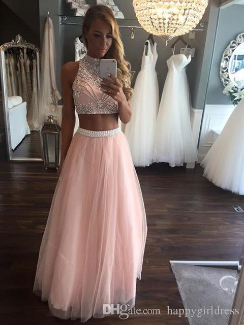 Two Piece High Neck Prom Dresses, Open Back Popular Prom Dresses, Charming Prom Dresses, PD0115