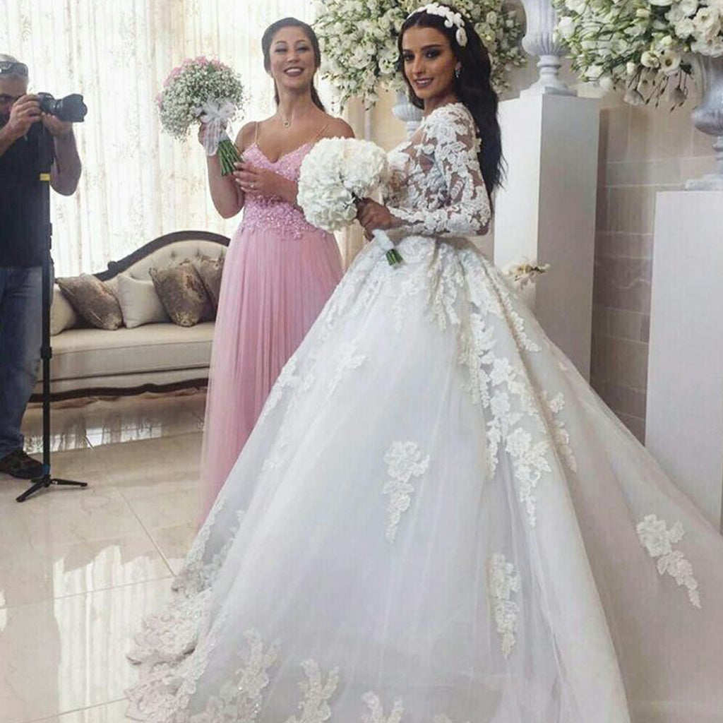 Luxury Lace White A-Line Wedding Dress, Charming Long Sleeve Tulle Wedding Dress, KX1627