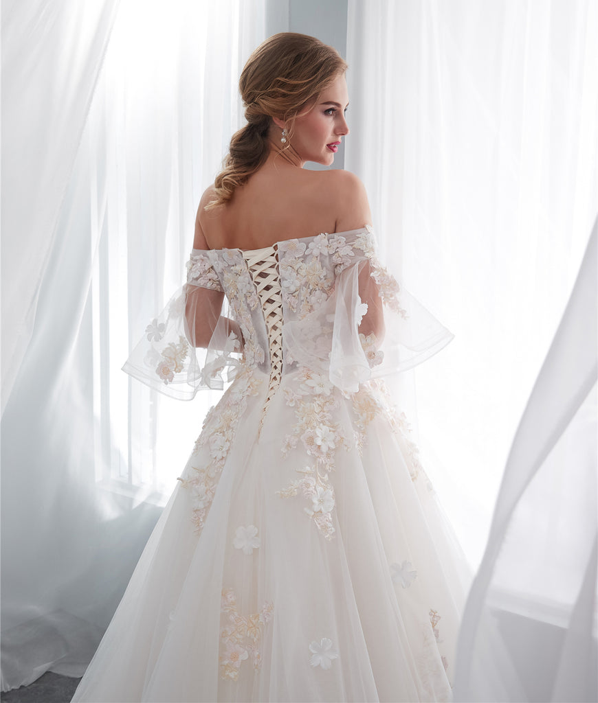 Gorgeous Off Shoulder Tulle A-Line Long Applique Wedding Dress, FC1634