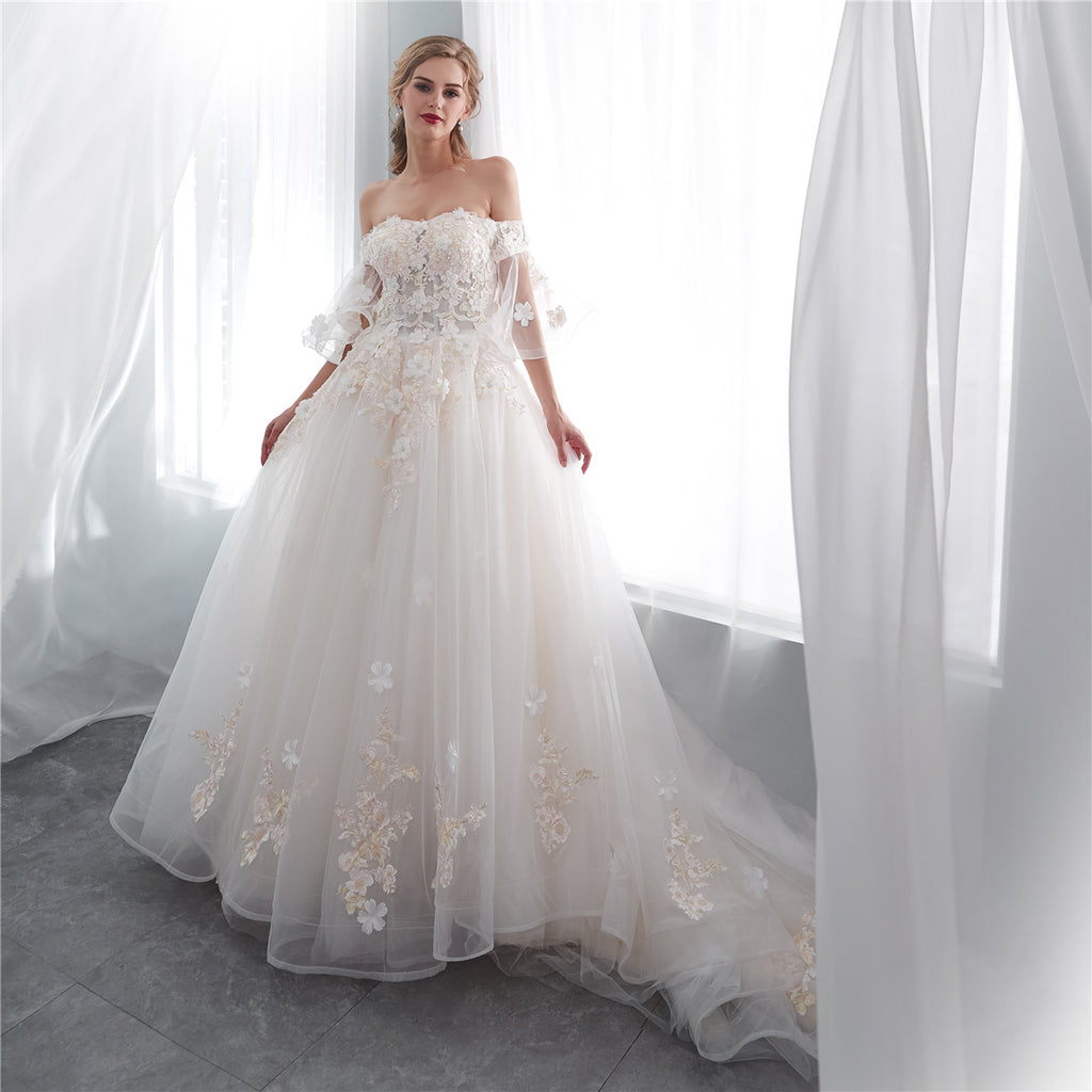 Gorgeous Off Shoulder Tulle A-Line Long Applique Wedding Dress, FC1634