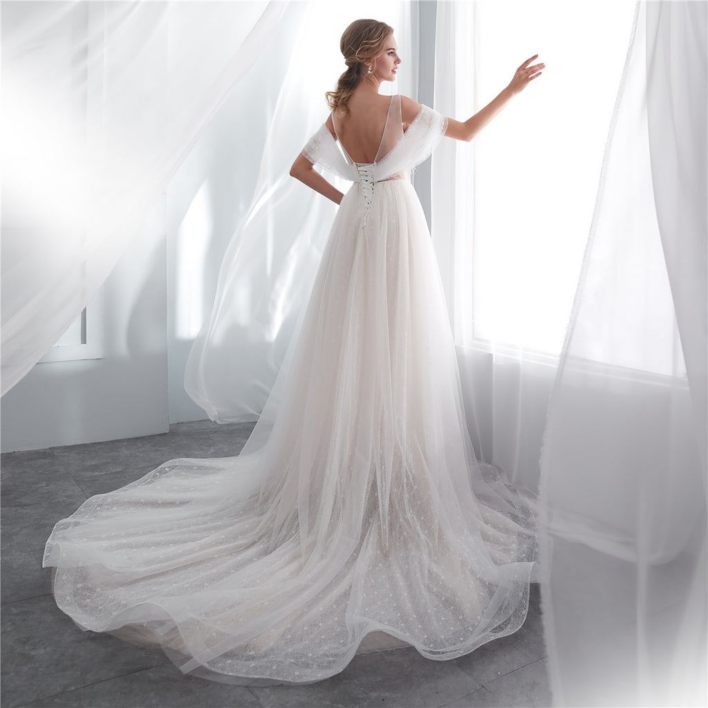 Charming Round Neckline A-Line Tulle Backless Lace Beaded Wedding Dresses, FC1636