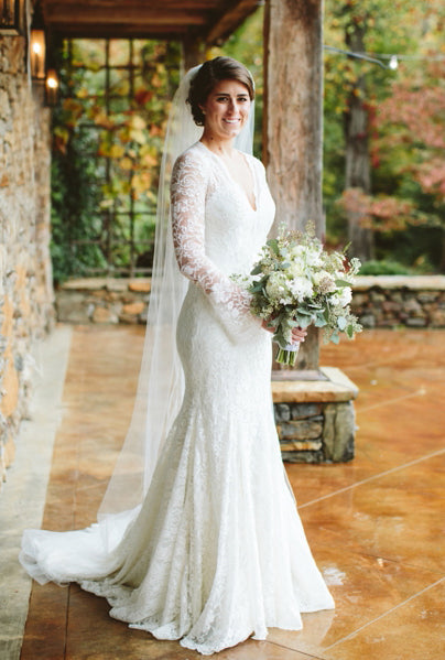 Charming Lace Long Sleeve V-Neck Mermaid Long Wedding Dresses, FC1656