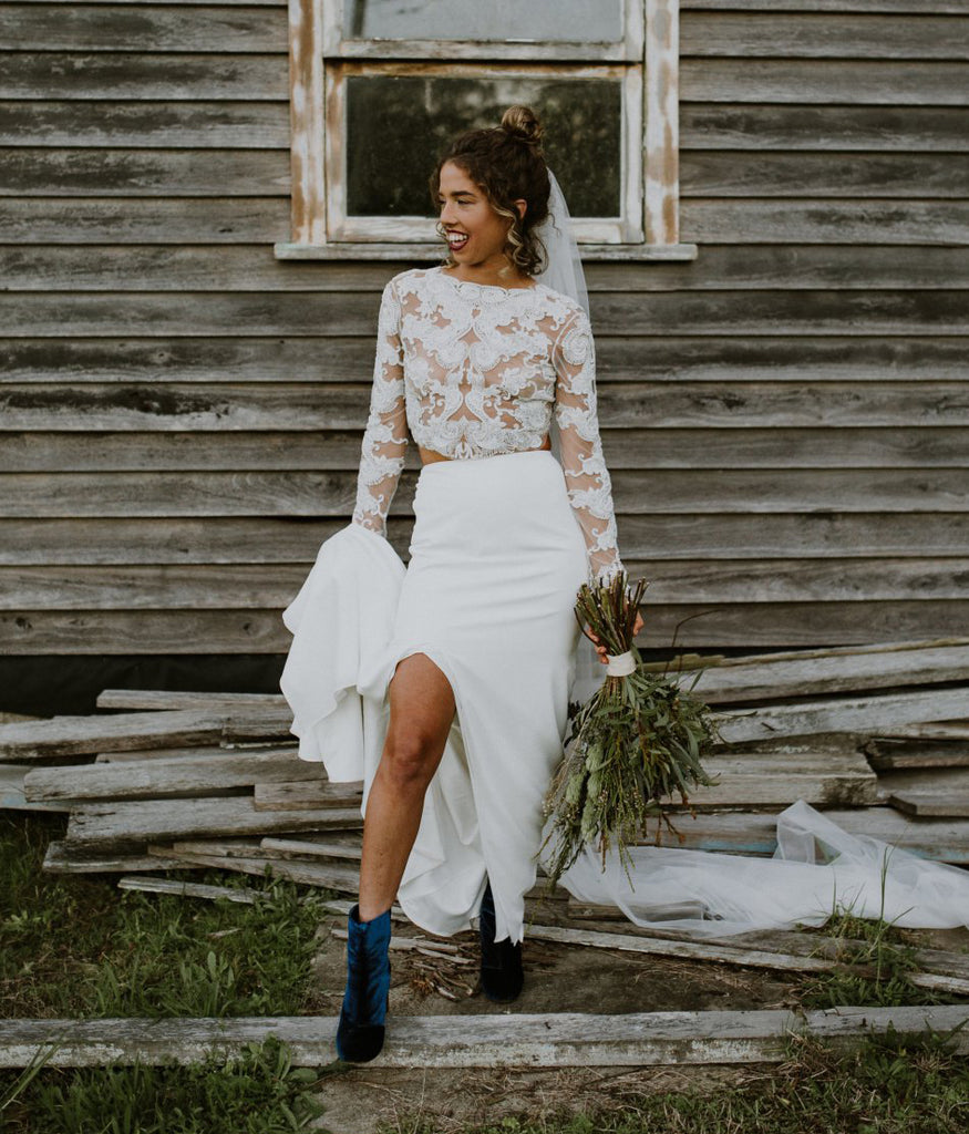 Unique Two Pieces Chiffon Sexy Slit Long Sleeve Lace Wedding Dresses, FC1659