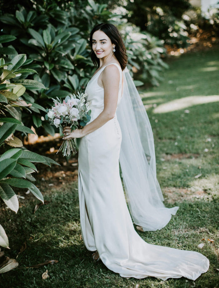 Simple Deep V-Neck Elastic Satin Backless Slit Wedding Dresses, FC1681