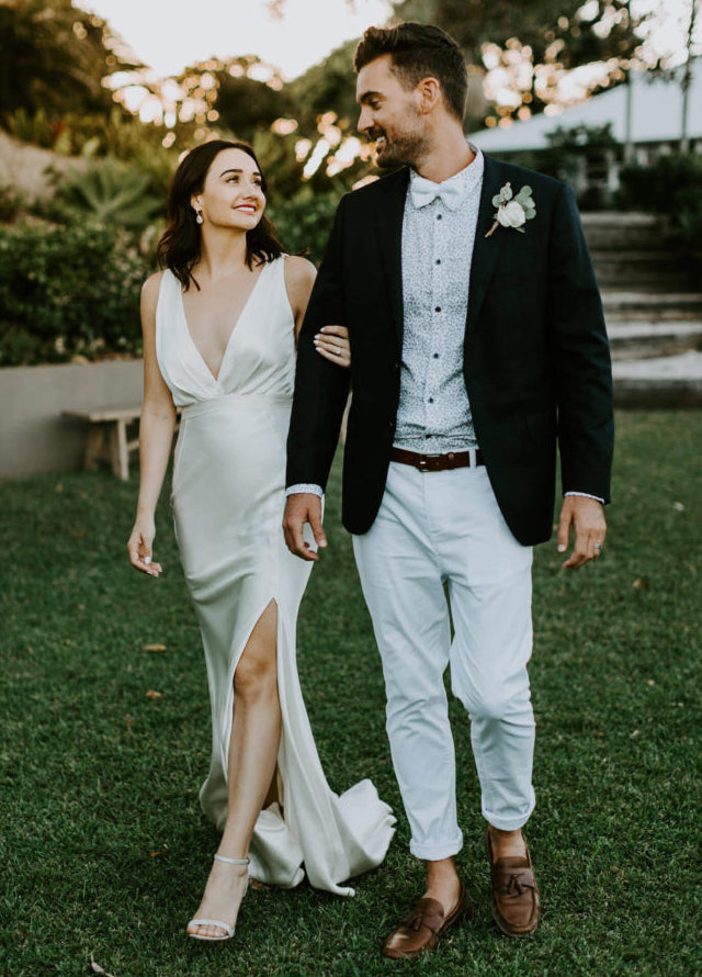 Simple Deep V-Neck Elastic Satin Backless Slit Wedding Dresses, FC1681
