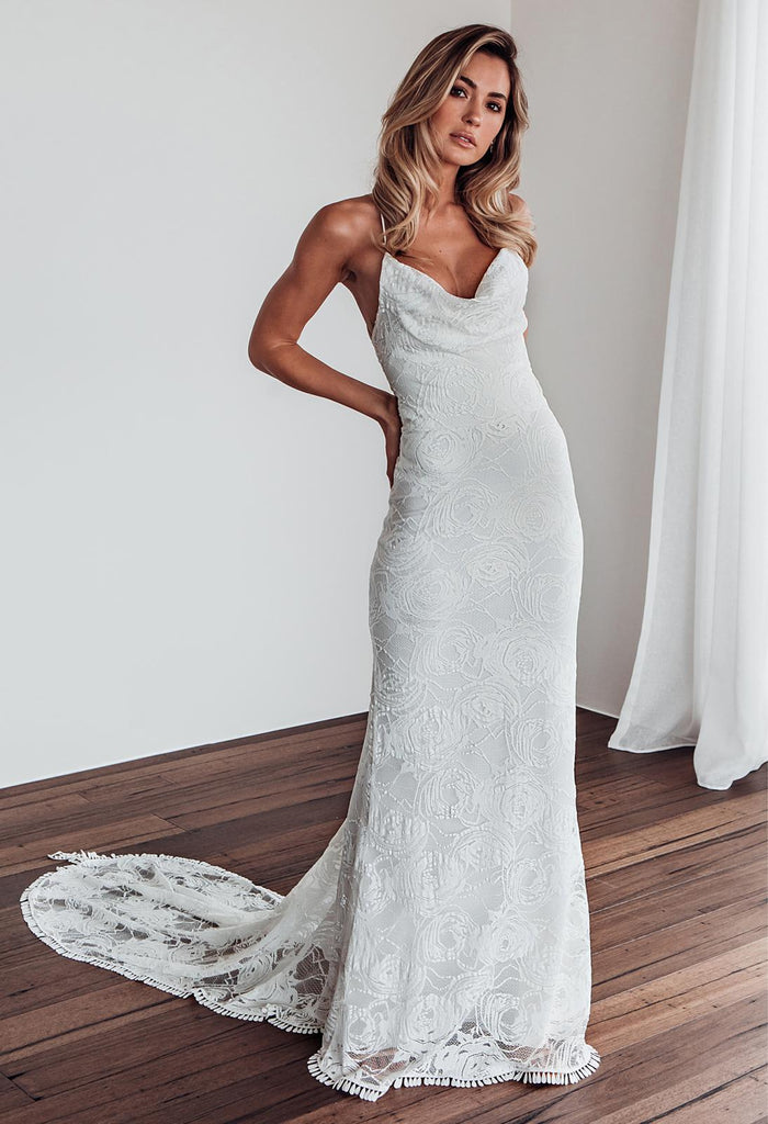 Charming White Lace Mermaid Sleeveless Cross Back Wedding Dresses, FC1761