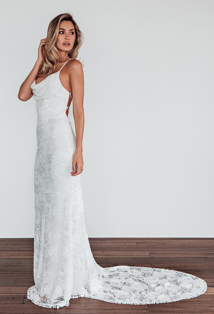 Charming White Lace Mermaid Sleeveless Cross Back Wedding Dresses, FC1761