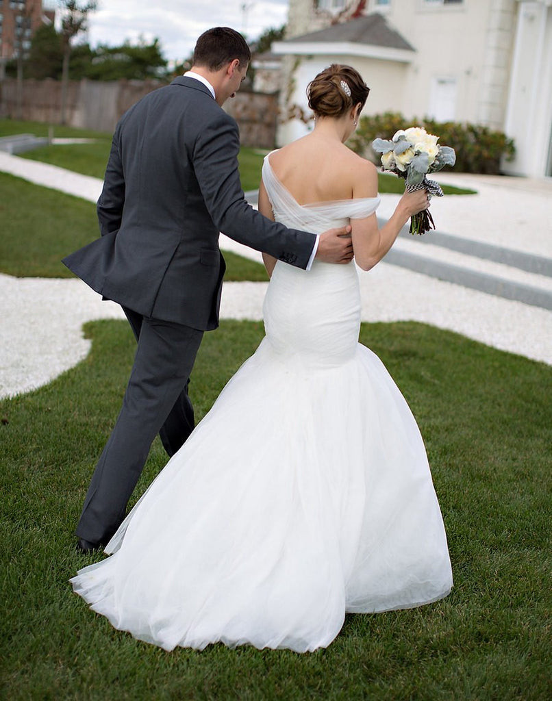 Off Shoulder Mermaid Tulle Backless Pleated Wedding Dresses, FC1790