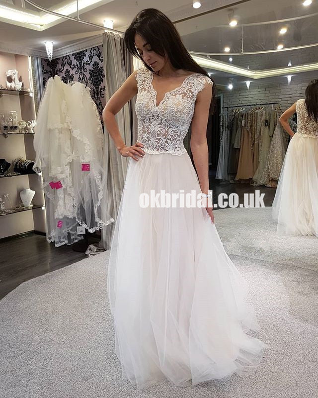 New Arrival Lace Top Tulle Wedding Dress, Cheap A-Line Sleeveless Wedding Dress, KX895