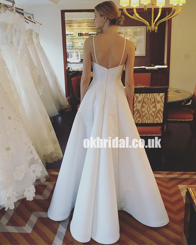 Simple Design Beach Spaghetti Straps Wedding Dress, A-Line Satin Backless Sleeveless Wedding Dress, KX922