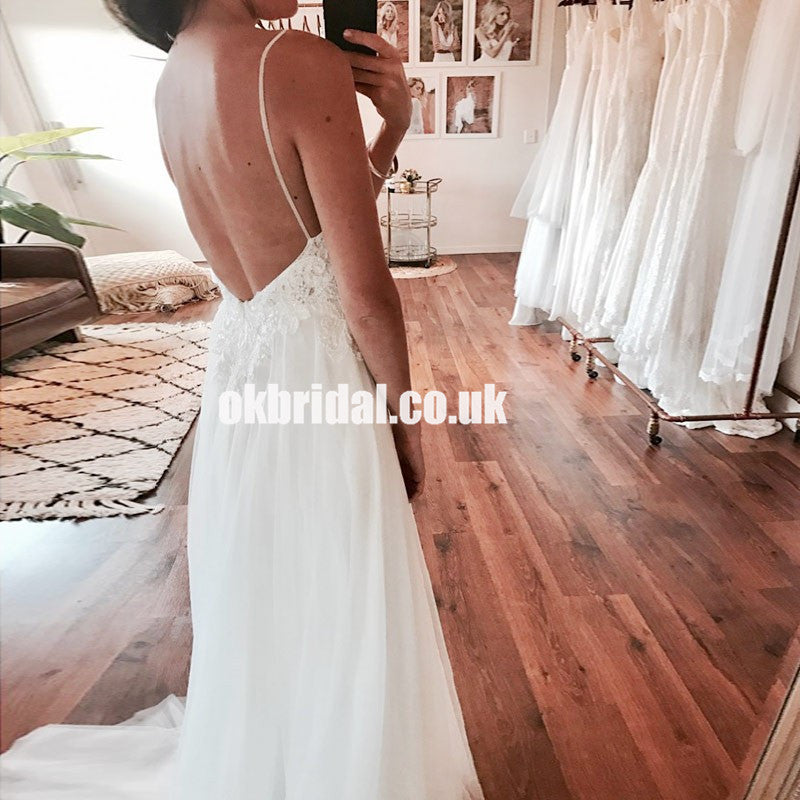 Sexy Lace Top Backless Slit Wedding Dress, A-Line Tulle V-Neck Bridal Dress, LB0764