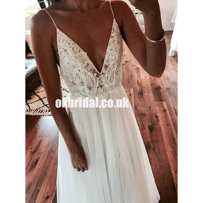 Sexy Lace Top Backless Slit Wedding Dress, A-Line Tulle V-Neck Bridal Dress, LB0764