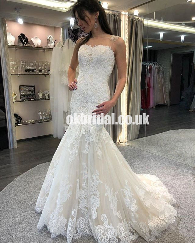 Sexy Mermaid Lace Sleeveless Wedding Dress, Vintage Tulle Sheath Bridal Dress, LB0947