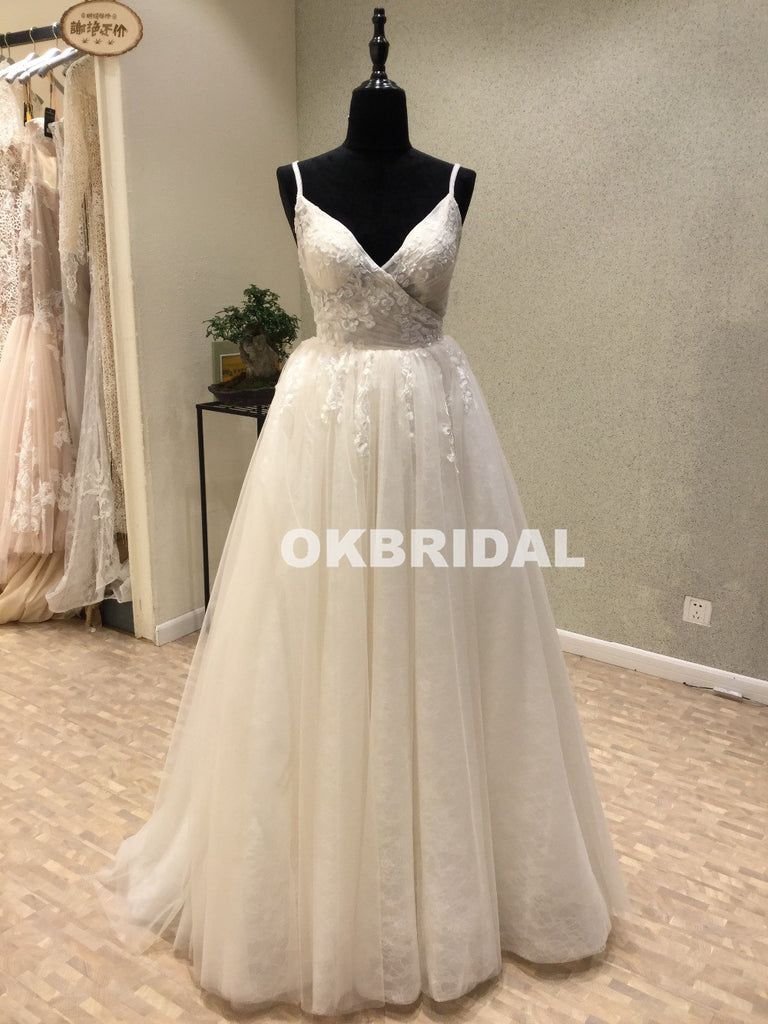 New Arrival Lace V-Neck Wedding Dresses, A-Line Backless Applique Wedding Dresses, KX1086