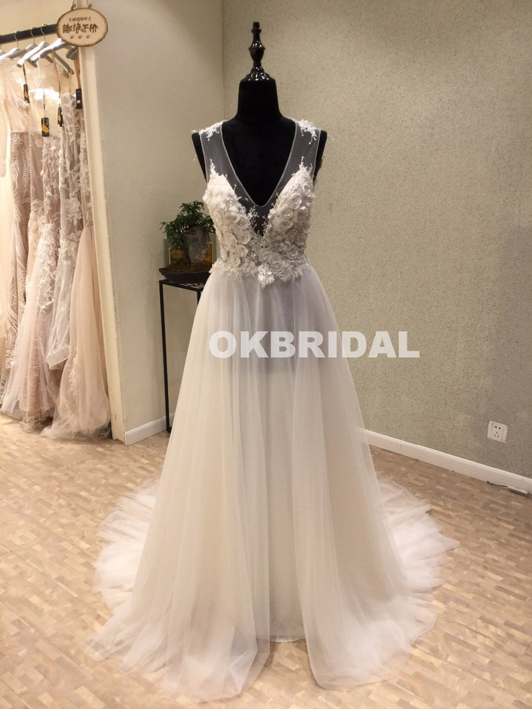 Cheap Tulle V-Neck Wedding Dresses, A-Line Open-Back Applique Wedding Dresses, KX1088