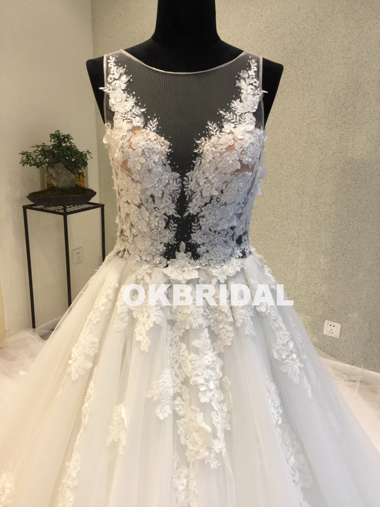 Cheap A-Line Tulle Wedding Dresses, Applique Round Neckline Wedding Dresses, KX1091