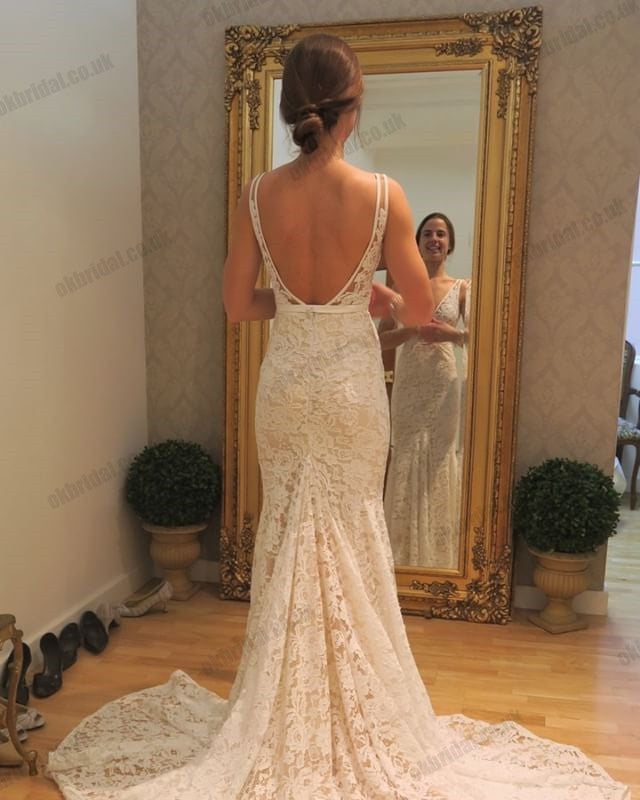 Gorgeous Lace Mermaid Wedding Dresses, V-Neck Backless Prom Dresses, KX1292