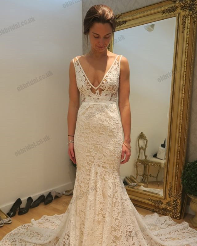 Gorgeous Lace Mermaid Wedding Dresses, V-Neck Backless Prom Dresses, KX1292