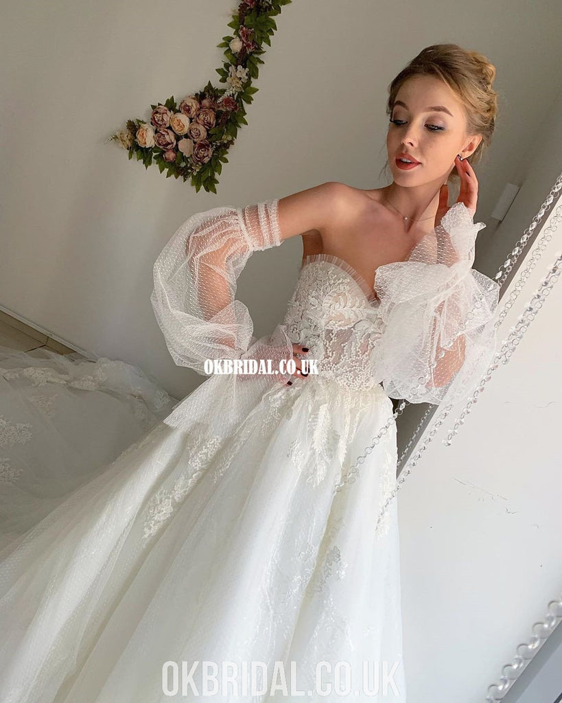 Charming A-line Tulle Backless Long Sleeves Sweetheart Lace Wedding Dresses, FC4455