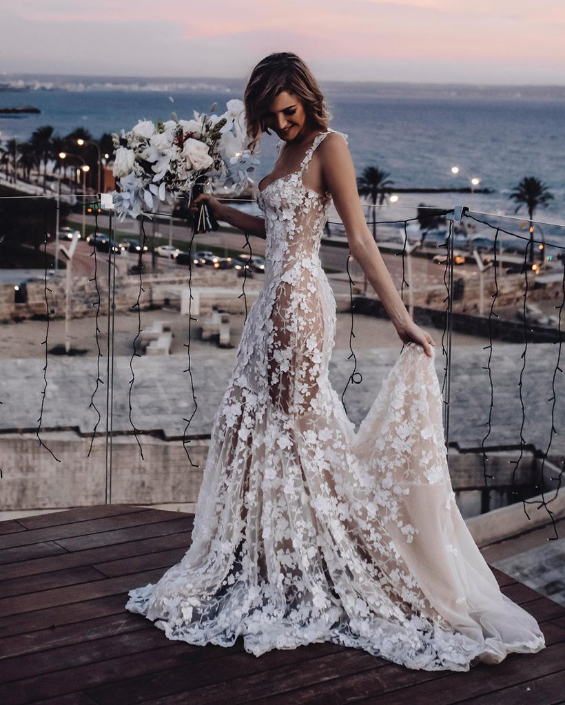 Stunning Mermaid Lace Backless Spaghetti Straps Wedding Dresses, FC5099