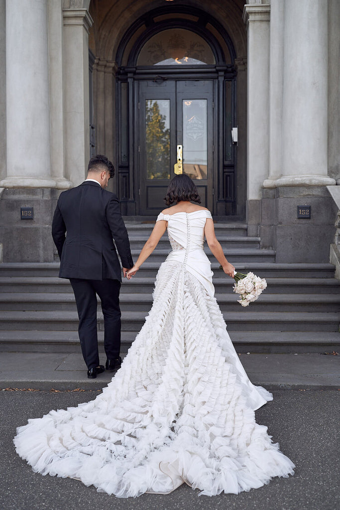 Off Shoulder Tulle Mermaid Unique Applique Slit Wedding Dresses, FC5156