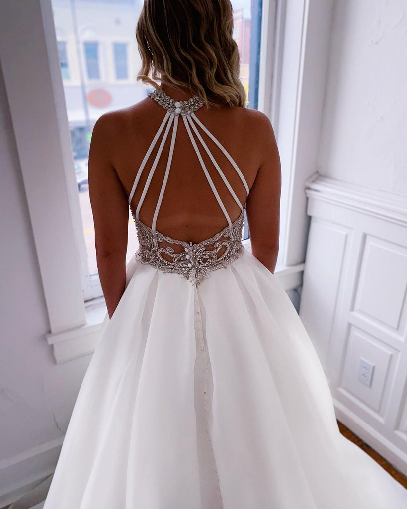 A-line Halter Backless Organza Beaded Beach Wedding Dresses, FC6001