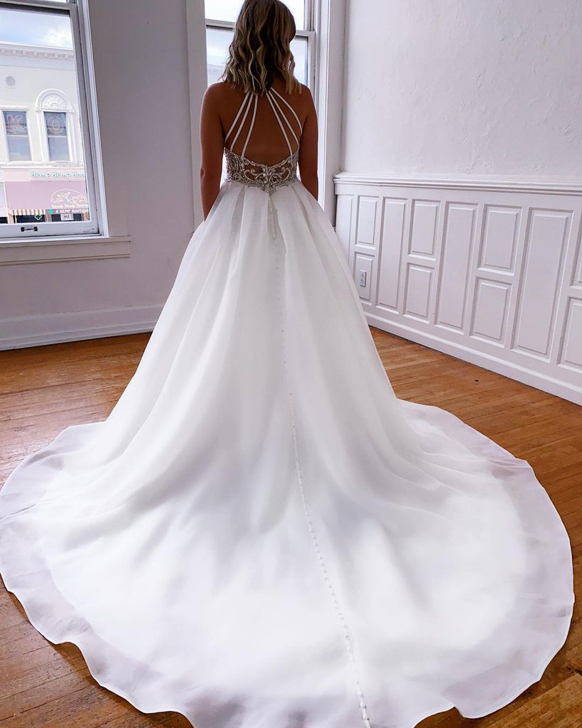 A-line Halter Backless Organza Beaded Beach Wedding Dresses, FC6001